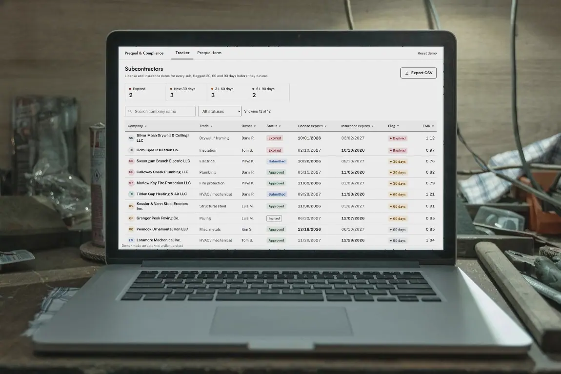 The demo subcontractor tracker open on a laptop on a workshop bench. Demo, made-up data.