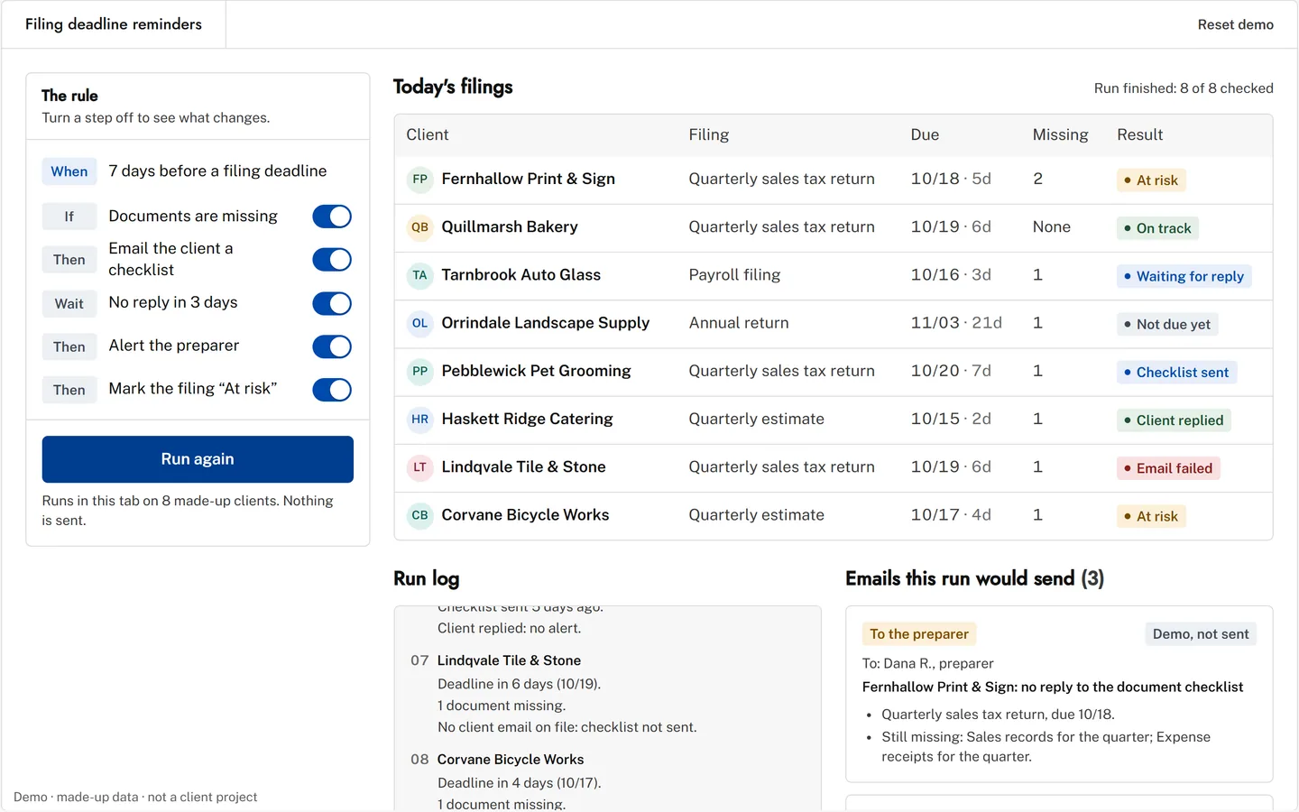 Demo automation: a filing-deadline reminder rule run on eight made-up clients.