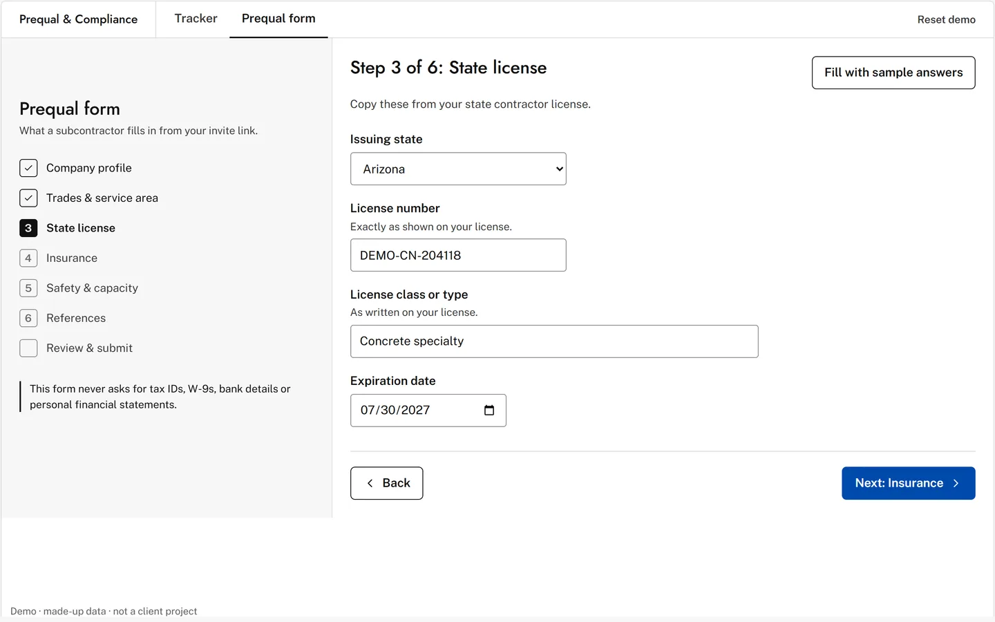 Demo prequal form a subcontractor fills in, on the state license step, made-up data.