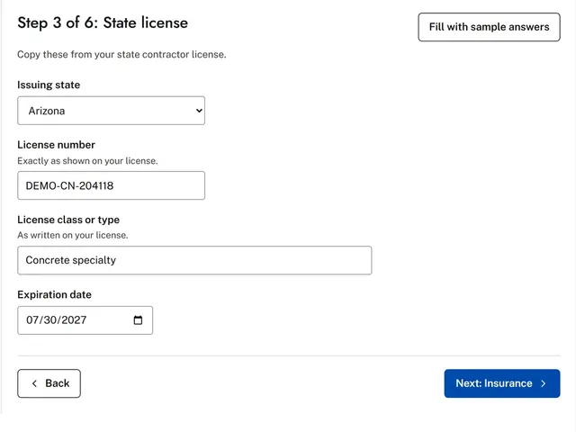 Demo prequal form, on the state license step, made-up data.